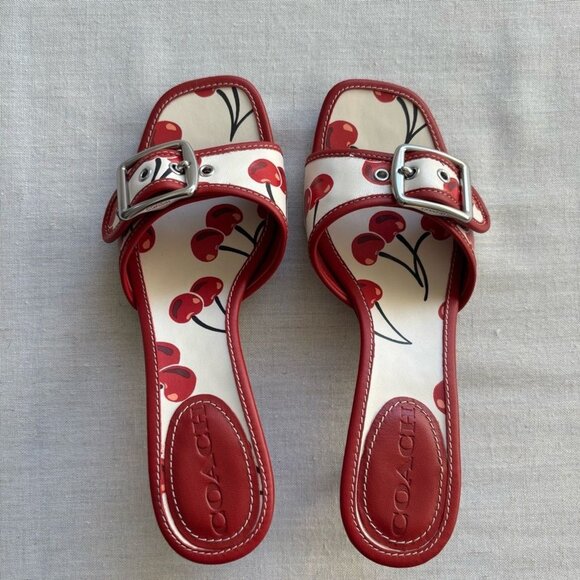 Coach Margot Cherry Print Leather Kitten Heel Slide Sandals - Picture 5 of 10